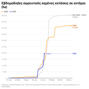 39% περισσότερες καμένες εκτάσεις στην Ελλάδα έως τα τέλη Ιουλίου 2025 σε σύγκριση με το 2024